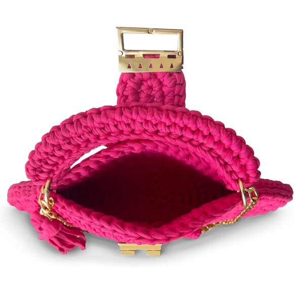 Women's Handmade Crochet Pink Evening Clutch Small Formal Flap Crossbody Bag - Picture 4 of 6
